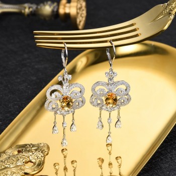 Lamp;zuan Natural 3.66ct Citrine Dangle Earrings for Woman 925 Sterling Silver Tassel Earrings Vintage Gemstone Jewelry Bridal Gift