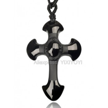 Drop Shipping  Natural Black Obsidian Carved Cross Lucky  pendant free beads necklace for woman man Hand carved Pendants Jewelry