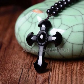 Drop Shipping  Natural Black Obsidian Carved Cross Lucky  pendant free beads necklace for woman man Hand carved Pendants Jewelry