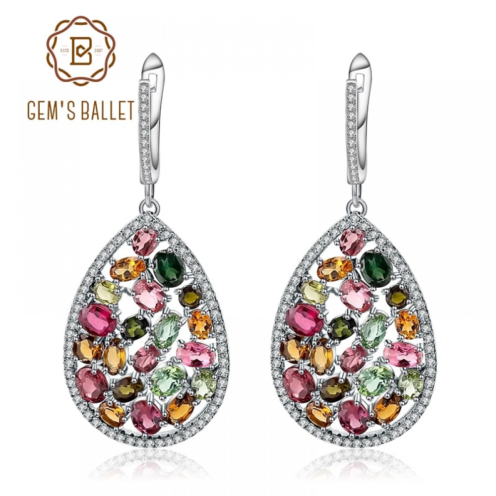 GEMS BALLET 10.95Ct Colorful Natural Tourmaline Gemstone Drop Earrings 925 Sterling Silver Fashion Fine Jewelry For Women