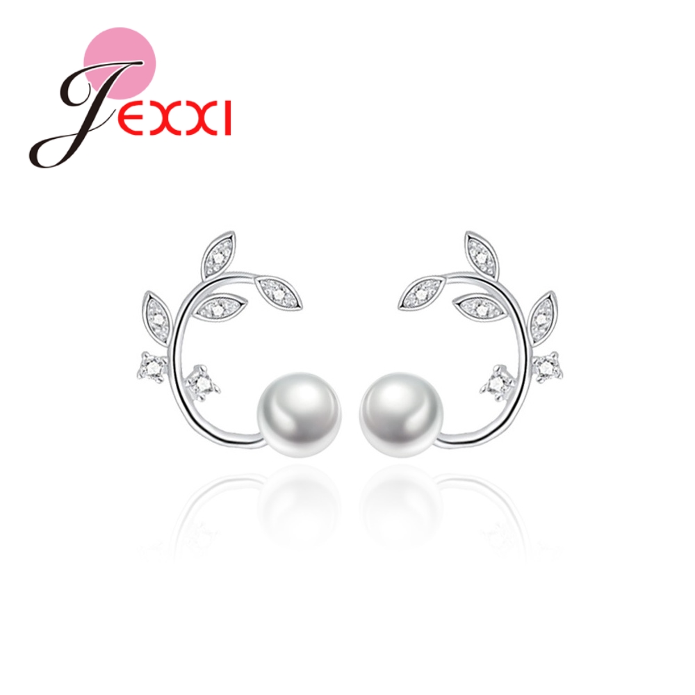 Jemmin New Wonderful White Pearl Leaves Shape Rhinestone 100% 925 Sterling Sliver High Quality Party Stud Earrings For Girls