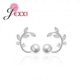 Jemmin New Wonderful White Pearl Leaves Shape Rhinestone 100% 925 Sterling Sliver High Quality Party Stud Earrings For Girls