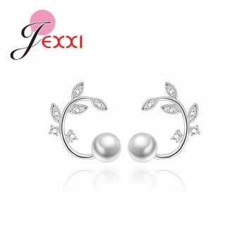 Jemmin New Wonderful White Pearl Leaves Shape Rhinestone 100% 925 Sterling Sliver High Quality Party Stud Earrings For Girls