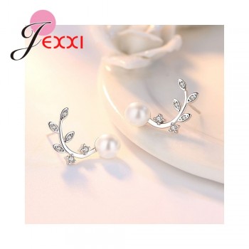 Jemmin New Wonderful White Pearl Leaves Shape Rhinestone 100% 925 Sterling Sliver High Quality Party Stud Earrings For Girls