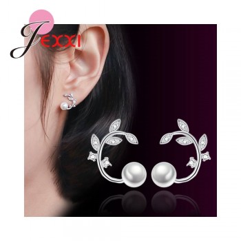 Jemmin New Wonderful White Pearl Leaves Shape Rhinestone 100% 925 Sterling Sliver High Quality Party Stud Earrings For Girls
