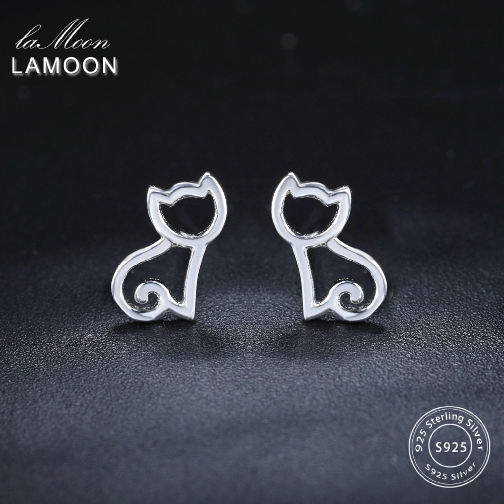 LAMOON 2018 New Hollow Cat 925-Sterling-Silver Stud Earrings Silver Color S925 Fine Jewelry for Women Girl Gift LMEY230