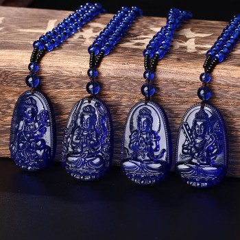 High quality Natural Blue crystal Carved Buddha Happy Amulet Pendant Necklace For Women Men Jewelry Healing crystal Reiki Power