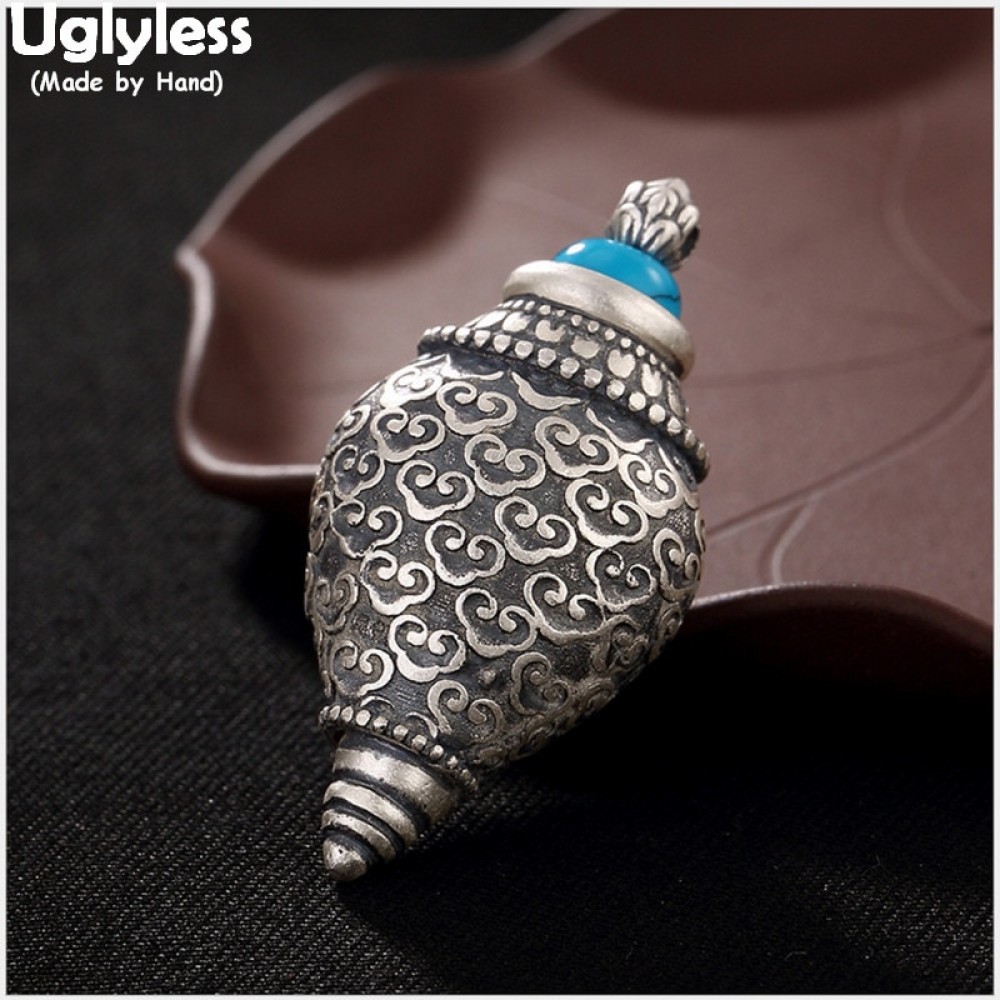 Uglyless Real 999 Fine Silver Handmade Buddha Conch Pendant without Chain Openable Gaudencio Box Jewelry Retro Turquoise Bijoux