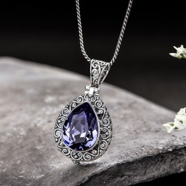 925 Sterling Silver Natural Amethyst Crystal Pendant Openable Kwu Box Drop Shape Vintage Flower Engraved Pendant Girlfriend Gift