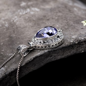 925 Sterling Silver Natural Amethyst Crystal Pendant Openable Kwu Box Drop Shape Vintage Flower Engraved Pendant Girlfriend Gift