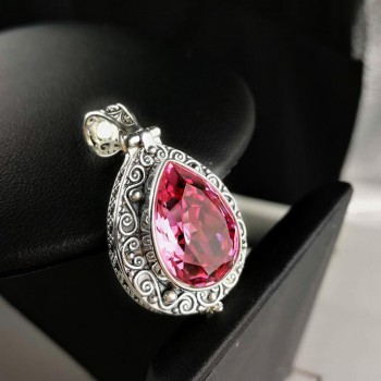 925 Sterling Silver Natural Amethyst Crystal Pendant Openable Kwu Box Drop Shape Vintage Flower Engraved Pendant Girlfriend Gift