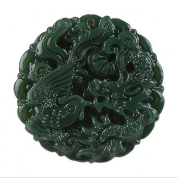 TJP natural carved round Dragon and phoenix HETIAN jade pendant China QINGYU green necklace pendants
