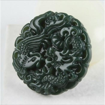 TJP natural carved round Dragon and phoenix HETIAN jade pendant China QINGYU green necklace pendants