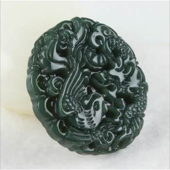 TJP natural carved round Dragon and phoenix HETIAN jade pendant China QINGYU green necklace pendants