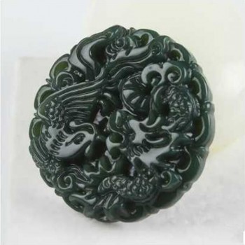 TJP natural carved round Dragon and phoenix HETIAN jade pendant China QINGYU green necklace pendants