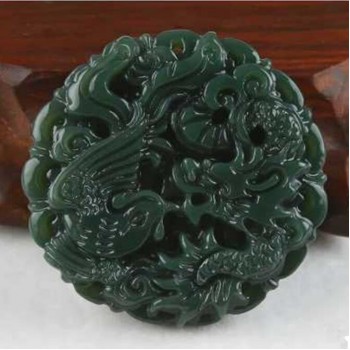 TJP natural carved round Dragon and phoenix HETIAN jade pendant China QINGYU green necklace pendants