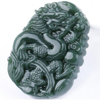 TJP natural carved round Dragon and phoenix HETIAN jade pendant China QINGYU green necklace pendants