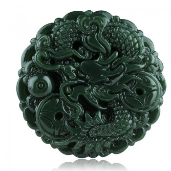 TJP natural carved round Dragon and phoenix HETIAN jade pendant China QINGYU green necklace pendants