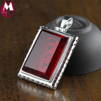 33*23mm Rectangle Big Ruby Black Agate Hollow Carving Flower Ethnic Jewelry Real 925 Sterling Silver Necklace Pendant For Women