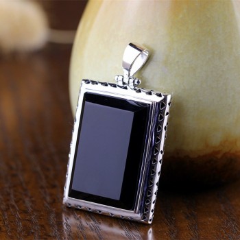 33*23mm Rectangle Big Ruby Black Agate Hollow Carving Flower Ethnic Jewelry Real 925 Sterling Silver Necklace Pendant For Women
