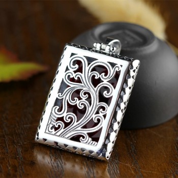 33*23mm Rectangle Big Ruby Black Agate Hollow Carving Flower Ethnic Jewelry Real 925 Sterling Silver Necklace Pendant For Women