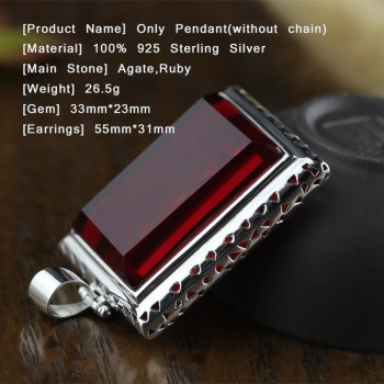 33*23mm Rectangle Big Ruby Black Agate Hollow Carving Flower Ethnic Jewelry Real 925 Sterling Silver Necklace Pendant For Women