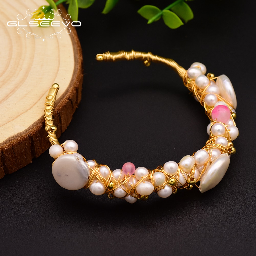 GLSEEVO Natural Fresh Water Baroque Pearl Handmade Adjustable Bangle amp; Bracelet For Women Wife Custom Wedding Jewelry GB0060