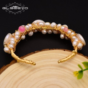 GLSEEVO Natural Fresh Water Baroque Pearl Handmade Adjustable Bangle amp; Bracelet For Women Wife Custom Wedding Jewelry GB0060
