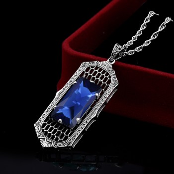 Szjinao Brand Sharma Long 925 Sterling Silver Stones Pendant Sapphire Bohemian Necklace Women Vintage Fine Jewelry bijouterie