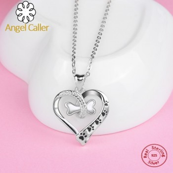 Angel Caller 925 Sterling Silver lovely Dog and Cat Footprint Necklace Bone Heart Pendant Necklaces Women Fine Jewelry CYD105