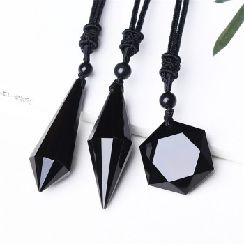 Drop shipping Black Obsidian Pendant Necklace Obsidian Star Pendant Lucky Love Crystal Jewelry With Free Rope Healing Reiki Gift