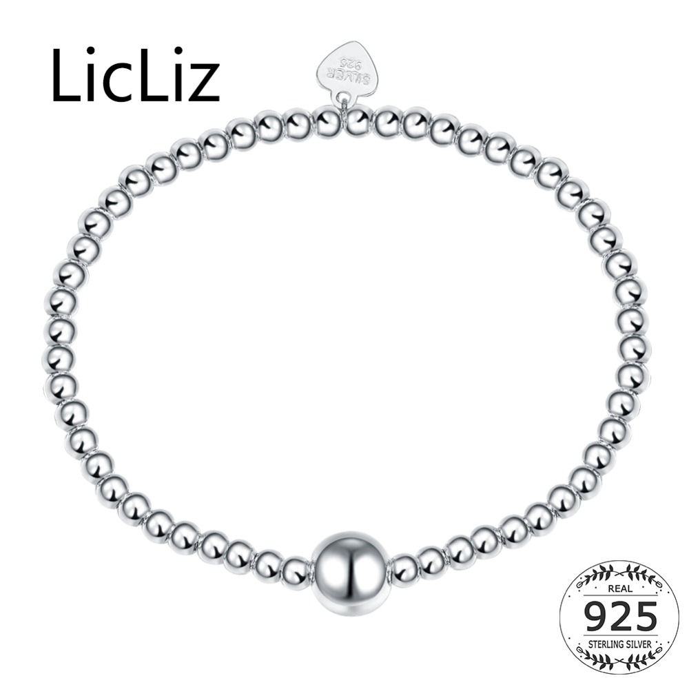 LicLiz Pure Silver Adjustable Bracelet Beads Strand Bracelets Bangles Charms Ball 925 Sterling Heart Bracelet Elastic LB0081