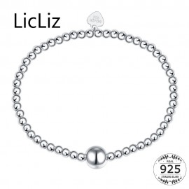 LicLiz Pure Silver Adjustable Bracelet Beads Strand Bracelets Bangles Charms Ball 925 Sterling Heart Bracelet Elastic LB0081