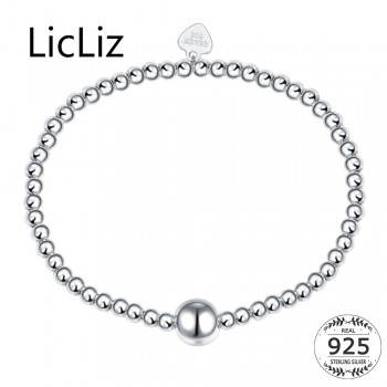 LicLiz Pure Silver Adjustable Bracelet Beads Strand Bracelets Bangles Charms Ball 925 Sterling Heart Bracelet Elastic LB0081