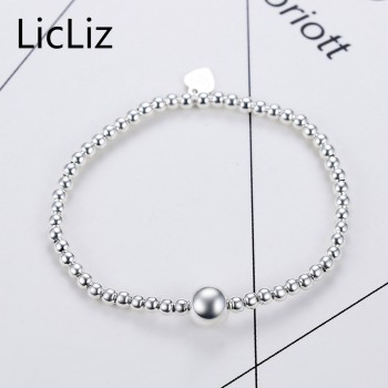 LicLiz Pure Silver Adjustable Bracelet Beads Strand Bracelets Bangles Charms Ball 925 Sterling Heart Bracelet Elastic LB0081