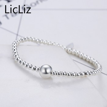 LicLiz Pure Silver Adjustable Bracelet Beads Strand Bracelets Bangles Charms Ball 925 Sterling Heart Bracelet Elastic LB0081