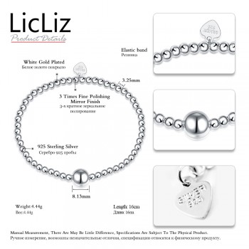 LicLiz Pure Silver Adjustable Bracelet Beads Strand Bracelets Bangles Charms Ball 925 Sterling Heart Bracelet Elastic LB0081