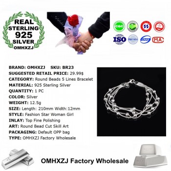 OMHXZJ Wholesale Personality Fashion OL Woman Party Gift Silver Round Beads Five Lines Chain 925 Sterling Silver Bracelet BR23