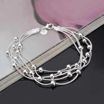 OMHXZJ Wholesale Personality Fashion OL Woman Party Gift Silver Round Beads Five Lines Chain 925 Sterling Silver Bracelet BR23