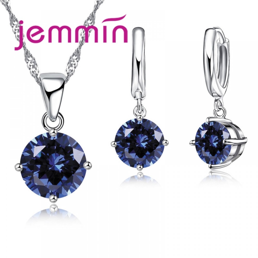 Jemmin 8 Colour AAA Crystal 925 Sterling Silver Pendants Earring Necklace Set Women Girls Party Four-Claw Jewelry