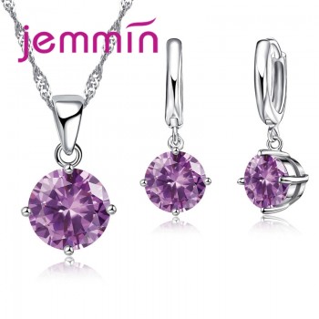 Jemmin 8 Colour AAA Crystal 925 Sterling Silver Pendants Earring Necklace Set Women Girls Party Four-Claw Jewelry