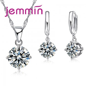 Jemmin 8 Colour AAA Crystal 925 Sterling Silver Pendants Earring Necklace Set Women Girls Party Four-Claw Jewelry