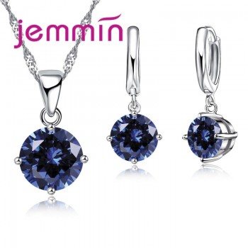 Jemmin 8 Colour AAA Crystal 925 Sterling Silver Pendants Earring Necklace Set Women Girls Party Four-Claw Jewelry
