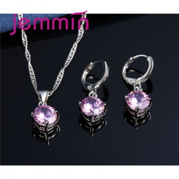 Jemmin 8 Colour AAA Crystal 925 Sterling Silver Pendants Earring Necklace Set Women Girls Party Four-Claw Jewelry