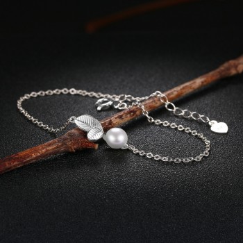 Bwell New 100% Real 925 Sterling Silver Leaves With Texture Pearl Charm Bracelet Fine Jewelry For Women Romantic Gift BWHY017