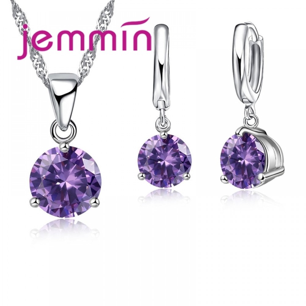 Jemmin New Arrival 8 Colour AAA Crystal Jewelry Set 925 Sterling Silver Earring Necklace Set Women Girls Party Three-Claw Gift