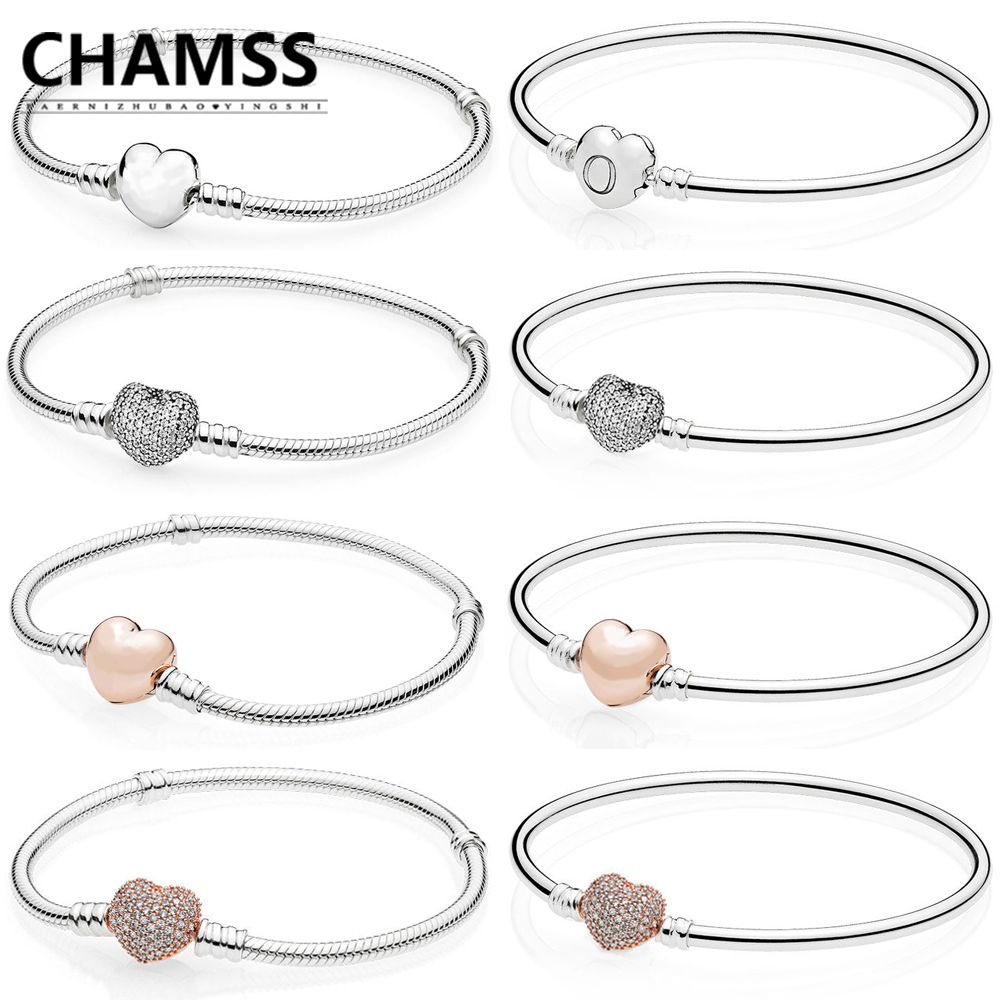 CHAMSS PD Charms Silver 925 Original in Bracelet ROSE Pave Heart Shape Heart Shaped Cuff Bracelet Valentines Day Gift