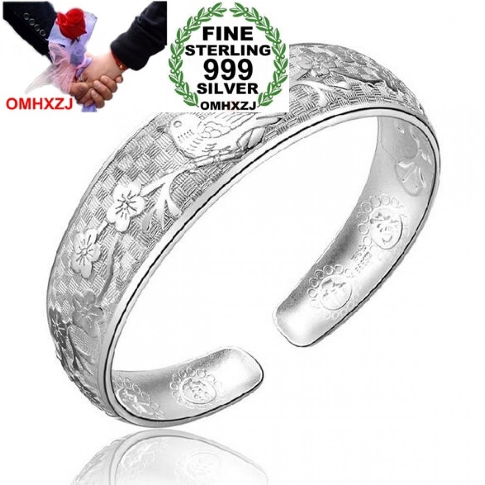OMHXZJ Wholesale fashion magpies plum blossom woman kpop star Fine 999 Sterling Silver opening adjustable bracelet Bangles SZ23
