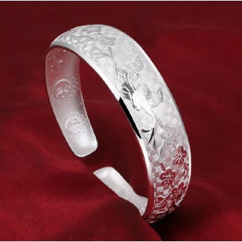 OMHXZJ Wholesale fashion magpies plum blossom woman kpop star Fine 999 Sterling Silver opening adjustable bracelet Bangles SZ23