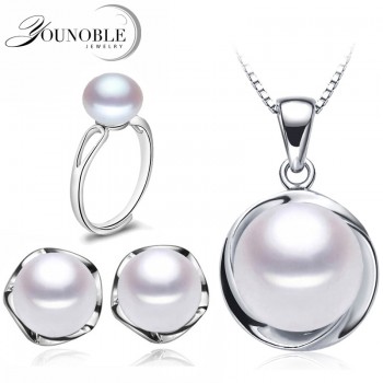 Real Wedding Natural Pearl Jewelry Sets 925 Silver Earring Set,Freshwater Pearl Sets Necklace Ring Women Best Birthday Gift